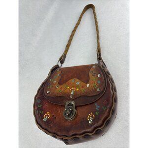 Floral Mushroom VTG Handmade Tooled Leather Braid Bag Purse Boho Twist Lock